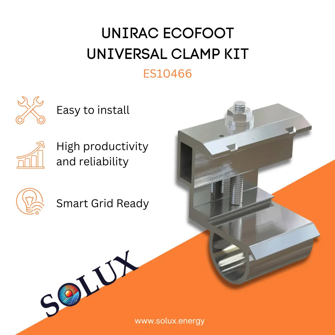 Unirac ES10466 EcoFoot Preassembled Universal Clamp Kit silver metal mounting hardware with SOLUX logo.C